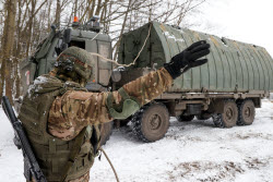 Russian servicemen build pontoon bridges in Kursk Region