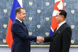 Russian Security Council deputy head Medvedev and Secretary of Central Committee of WPK Li Hi-yong meet