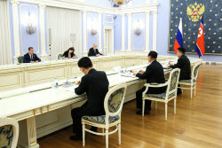 Russian Security Council deputy head Medvedev and Secretary of Central Committee of WPK Li Hi-yong meet