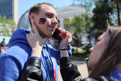 Historical reenactment of 2014 status referendum in Donetsk