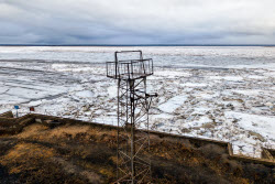 Floating ice on Lena River in Sakha Republic, Russia