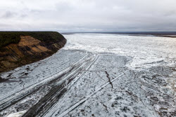 Floating ice on Lena River in Sakha Republic, Russia