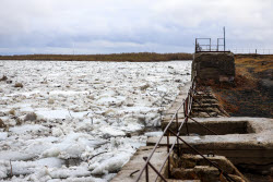 Floating ice on Lena River in Sakha Republic, Russia