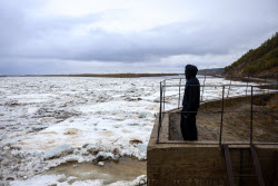 Floating ice on Lena River in Sakha Republic, Russia