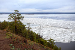 Floating ice on Lena River in Sakha Republic, Russia