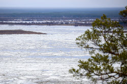 Floating ice on Lena River in Sakha Republic, Russia