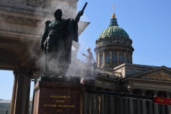 Washing Mikhail Kutuzov statue in St Petersburg, Russia