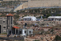 Tents set up by Israeli settlers near the West Bank village of Bruqin