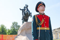Flowers laid at Peter the Great monument in St Petersburg