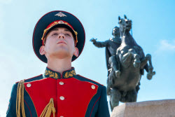 Flowers laid at Peter the Great monument in St Petersburg