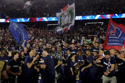 PSG team celebrate with fans at Parc de Princes