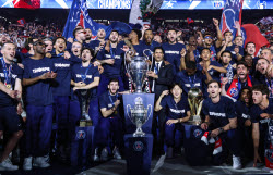 PSG team celebrate with fans at Parc de Princes