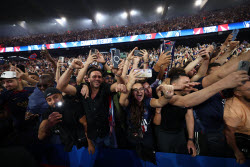 PSG team celebrate with fans at Parc de Princes