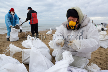 Oil spill clean-up of Anapa beaches