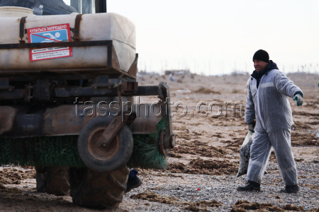 Oil spill clean-up of Crimean beaches