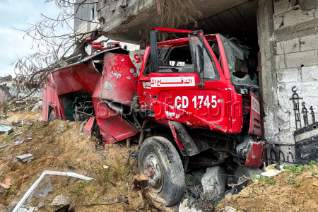 Destroyed emergency vehicles in Gaza Strip