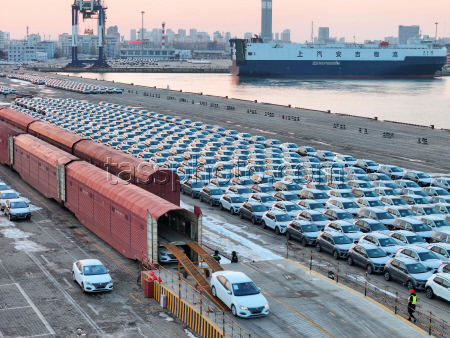 China: A view of the terminal of cars for export in Yantai port