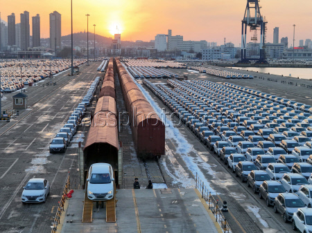 China: A view of the terminal of cars for export in Yantai port
