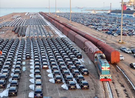 China: A view of the terminal of cars for export in Yantai port