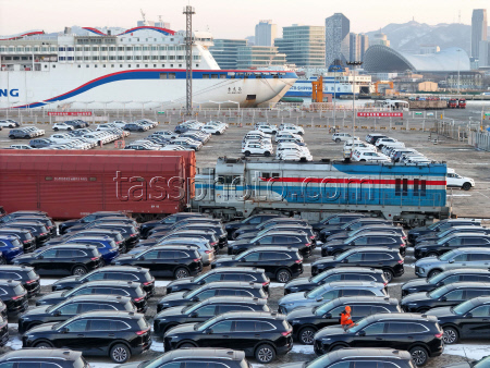 China: A view of the terminal of cars for export in Yantai port