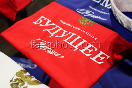 Apparel with quotes by Russian President Putin for sale in Moscow