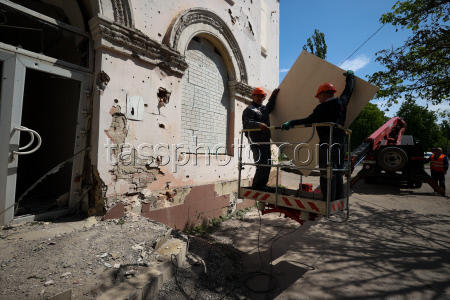 Damage from military strike on Gorlovka, Russia