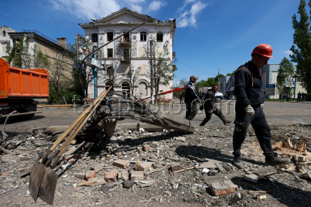 Damage from military strike on Gorlovka, Russia