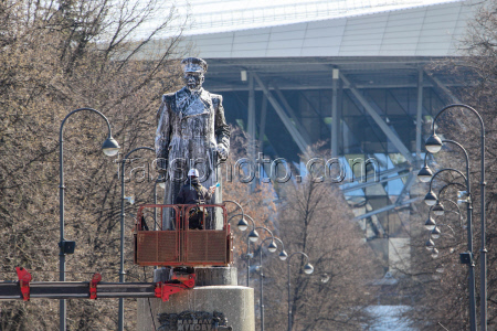 Washing Marshal Zhukov statue in St Petersburg, Russia