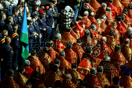 Patriarch Kirill of Moscow and All Russia conducts holy liturgy at Main Cathedral of Russian Armed Forces
