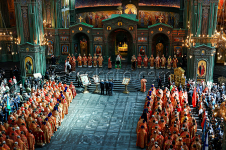 Patriarch Kirill of Moscow and All Russia conducts holy liturgy at Main Cathedral of Russian Armed Forces
