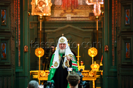 Patriarch Kirill of Moscow and All Russia conducts holy liturgy at Main Cathedral of Russian Armed Forces
