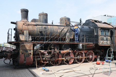 Railway trains under restoration in Donetsk