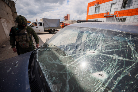 Asphalt plant damaged by military strike on Lugansk, Russia