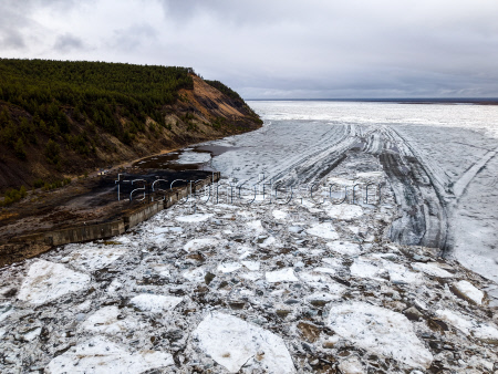 Floating ice on Lena River in Sakha Republic, Russia