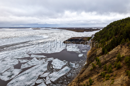 Floating ice on Lena River in Sakha Republic, Russia