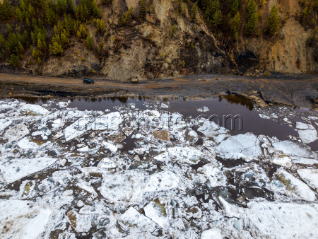 Floating ice on Lena River in Sakha Republic, Russia
