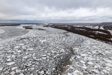 Floating ice on Lena River in Sakha Republic, Russia