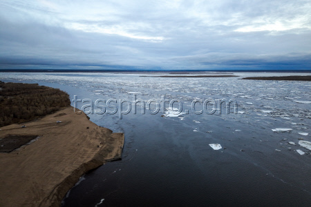Floating ice on Lena River in Sakha Republic, Russia