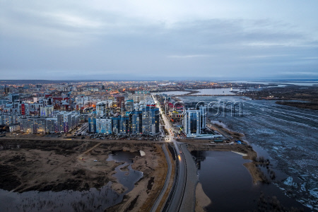 Floating ice on Lena River in Sakha Republic, Russia