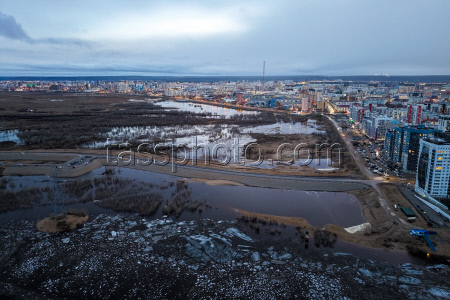 Floating ice on Lena River in Sakha Republic, Russia
