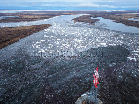 Floating ice on Lena River in Sakha Republic, Russia