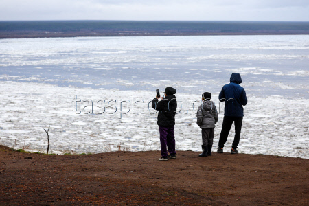 Floating ice on Lena River in Sakha Republic, Russia