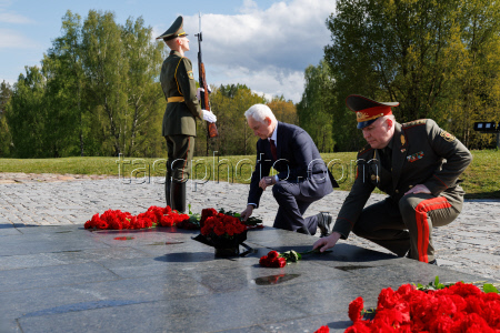Russian Defence Minister Belousov lays flowers at Khatyn Memorial Complex in Belarus