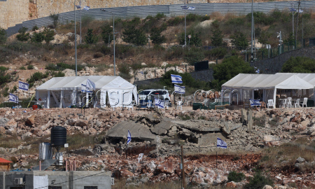 Tents set up by Israeli settlers near the West Bank village of Bruqin